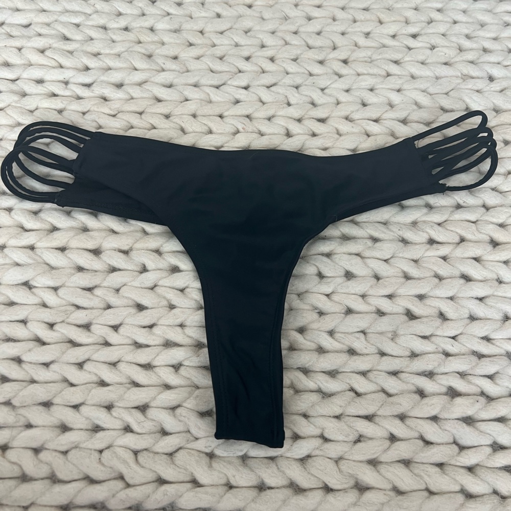 Black Strappy Side Thong Bikini Bottom - Women Swim Bikinis